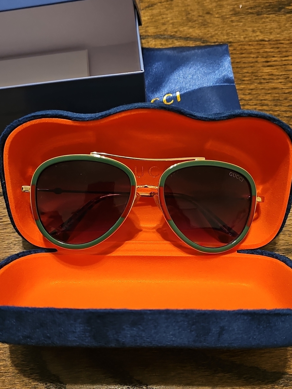 Designer Inspired Green and Gold Frame Brown Lens Sunglasses
